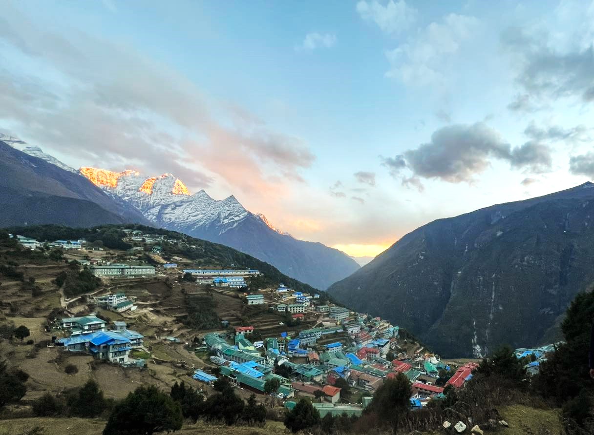Trekkers passing through Namche Bazaar on the Everest Base Camp trek in Nepal